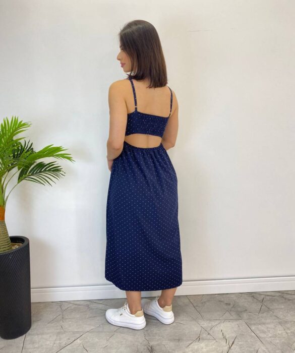 Vestido Midi Bia com Bojo e Fenda Poá Azul Marinho - Fernanda Ramos Store