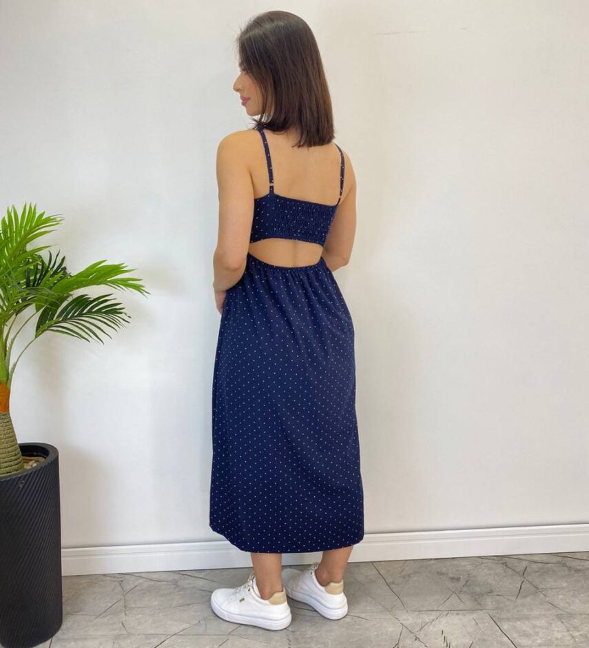 Vestido Midi Bia com Bojo e Fenda Poá Azul Marinho - Fernanda Ramos Store