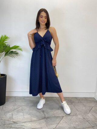 Vestido Midi Bia com Bojo e Fenda Poá Azul Marinho - Fernanda Ramos Store