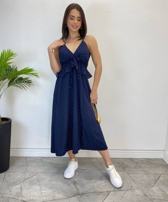 Vestido Midi Bia com Bojo e Fenda Poá Azul Marinho - Fernanda Ramos Store