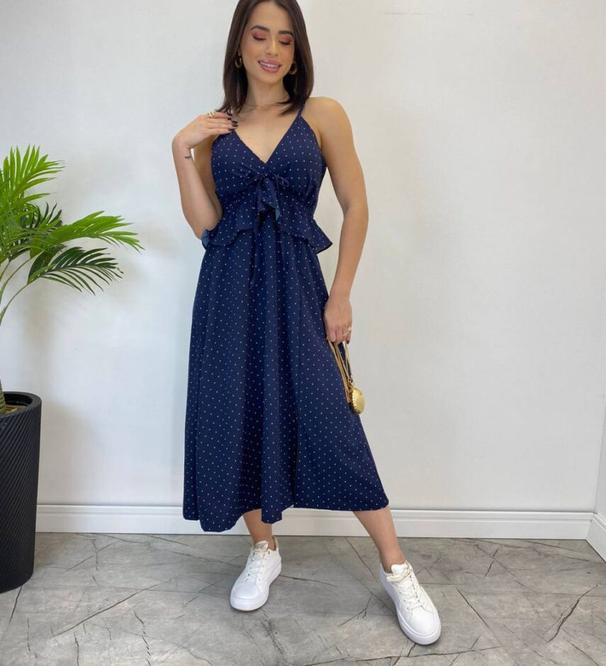 Vestido Midi Bia com Bojo e Fenda Poá Azul Marinho - Fernanda Ramos Store