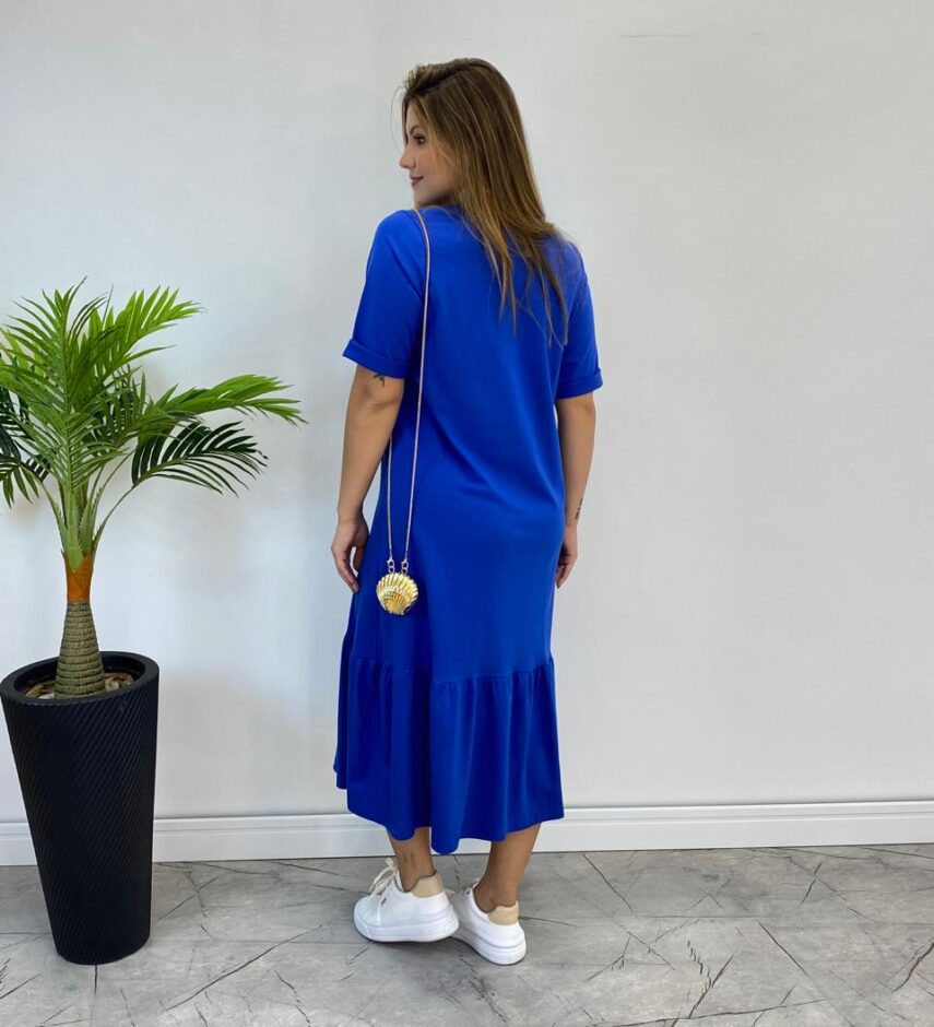 Vestido Midi Raquel sem Bojo Manga 3/4 Azul Bic - Fernanda Ramos Store