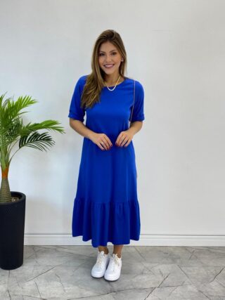 Vestido Midi Raquel sem Bojo Manga 3/4 Azul Bic - Fernanda Ramos Store