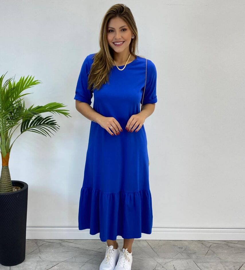 Vestido Midi Raquel sem Bojo Manga 3/4 Azul Bic - Fernanda Ramos Store