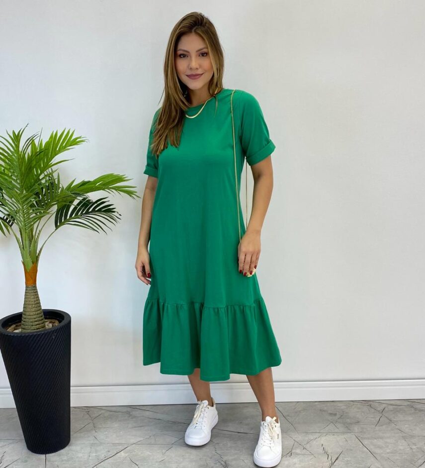Vestido Midi Raquel sem Bojo Manga 3/4 Verde Bandeira - Fernanda Ramos Store