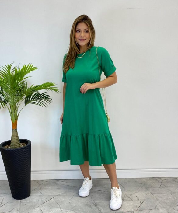 Vestido Midi Raquel sem Bojo Manga 3/4 Verde Bandeira - Fernanda Ramos Store