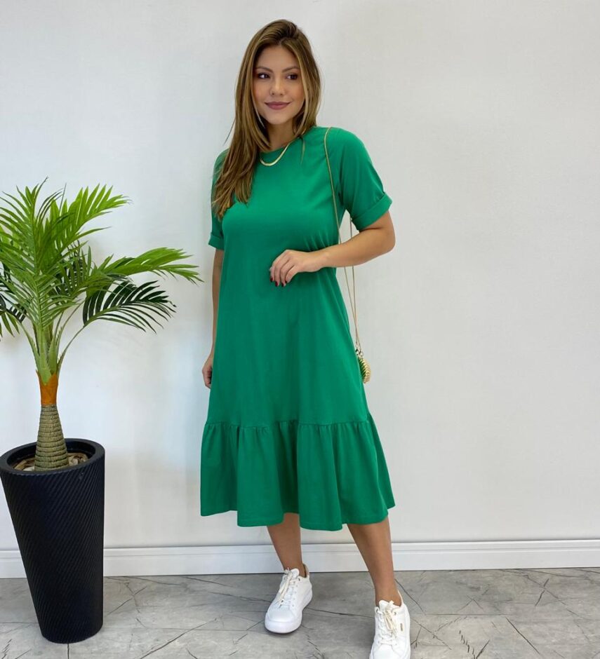 Vestido Midi Raquel sem Bojo Manga 3/4 Verde Bandeira - Fernanda Ramos Store