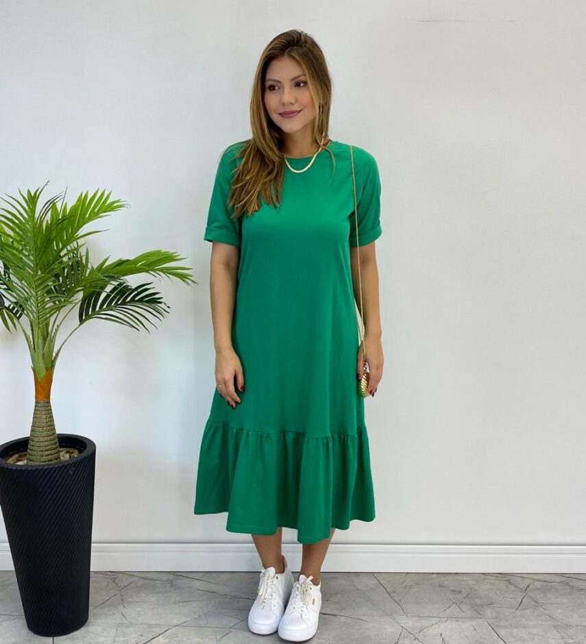Vestido Midi Raquel sem Bojo Manga 3/4 Verde Bandeira - Fernanda Ramos Store