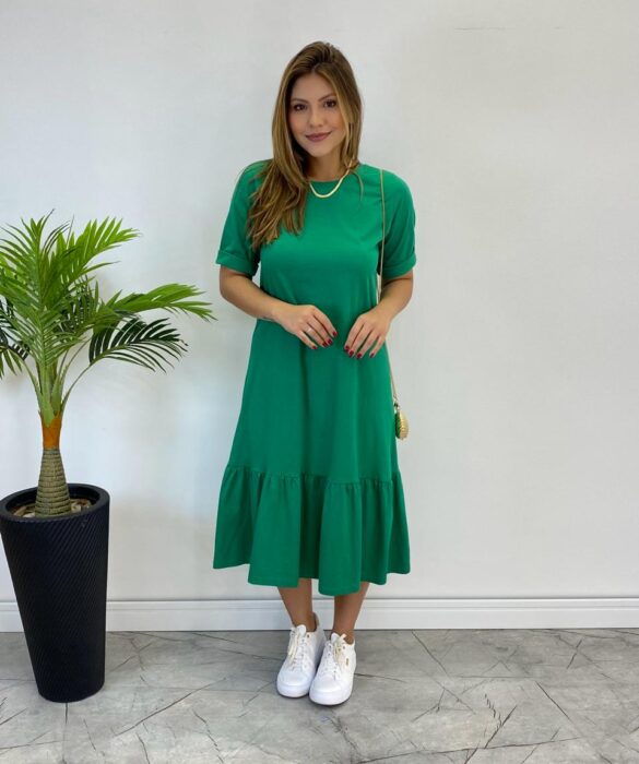 Vestido Midi Raquel sem Bojo Manga 3/4 Verde Bandeira - Fernanda Ramos Store