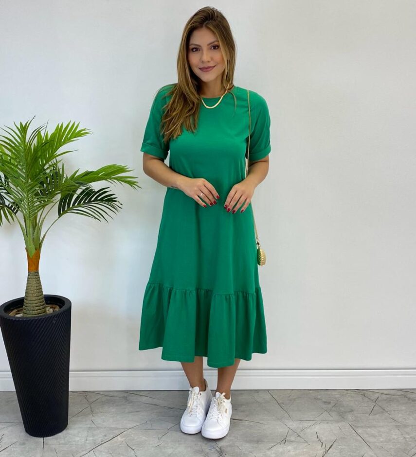 Vestido Midi Raquel sem Bojo Manga 3/4 Verde Bandeira - Fernanda Ramos Store