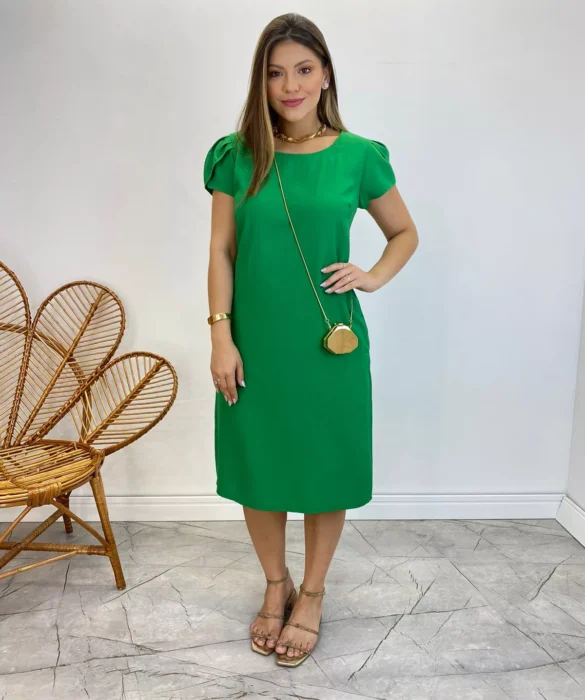 Vestido Midi sem Bojo Manga Curta com Bolsos Verde - Fernanda Ramos Store