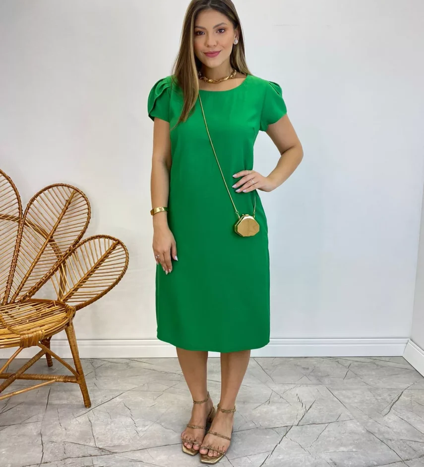 Vestido Midi sem Bojo Manga Curta com Bolsos Verde - Fernanda Ramos Store