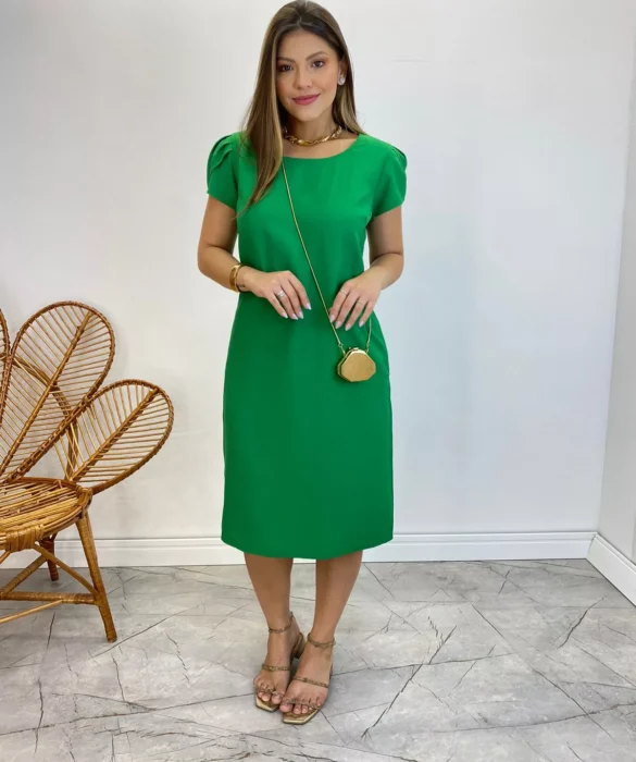 Vestido Midi sem Bojo Manga Curta com Bolsos Verde - Fernanda Ramos Store