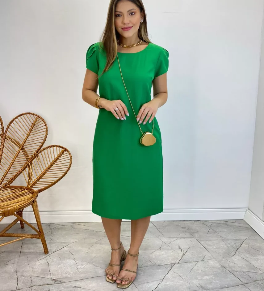 Vestido Midi sem Bojo Manga Curta com Bolsos Verde - Fernanda Ramos Store