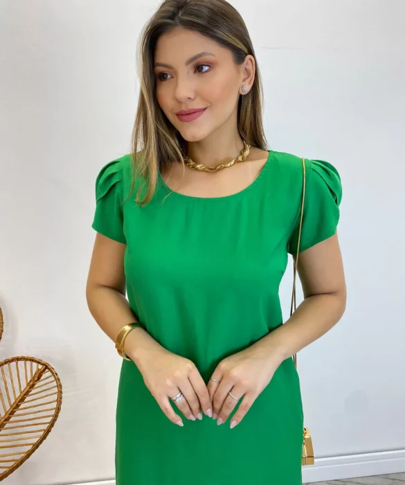 Vestido Midi sem Bojo Manga Curta com Bolsos Verde - Fernanda Ramos Store