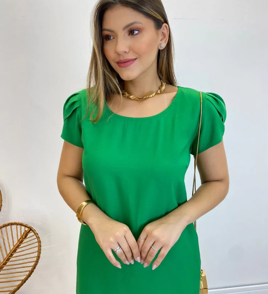 Vestido Midi sem Bojo Manga Curta com Bolsos Verde - Fernanda Ramos Store