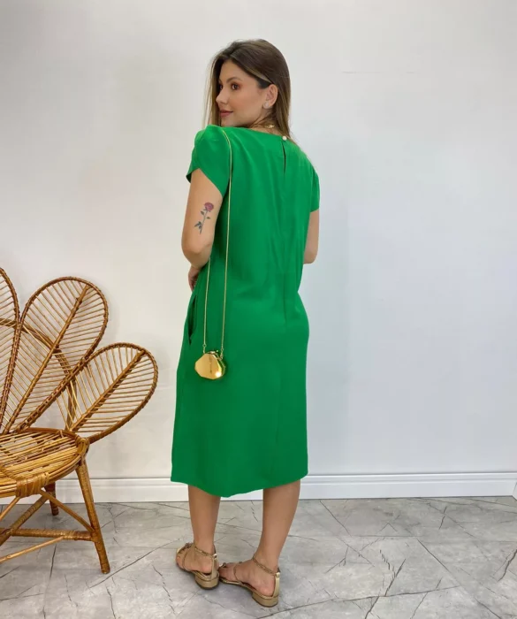 Vestido Midi sem Bojo Manga Curta com Bolsos Verde - Fernanda Ramos Store