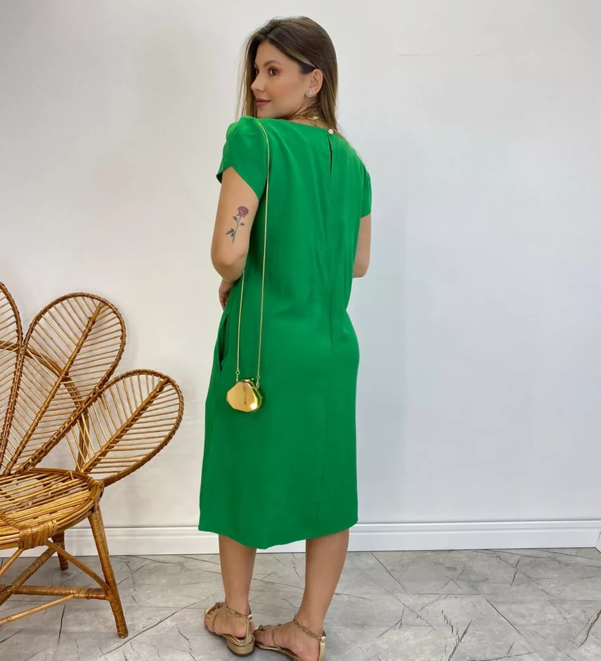 Vestido Midi sem Bojo Manga Curta com Bolsos Verde - Fernanda Ramos Store