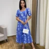 Vestido Midi sem Bojo Manga Princesa Azul Estampado - Fernanda Ramos Store