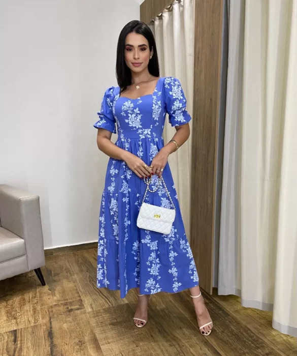 Vestido Midi sem Bojo Manga Princesa Azul Estampado - Fernanda Ramos Store