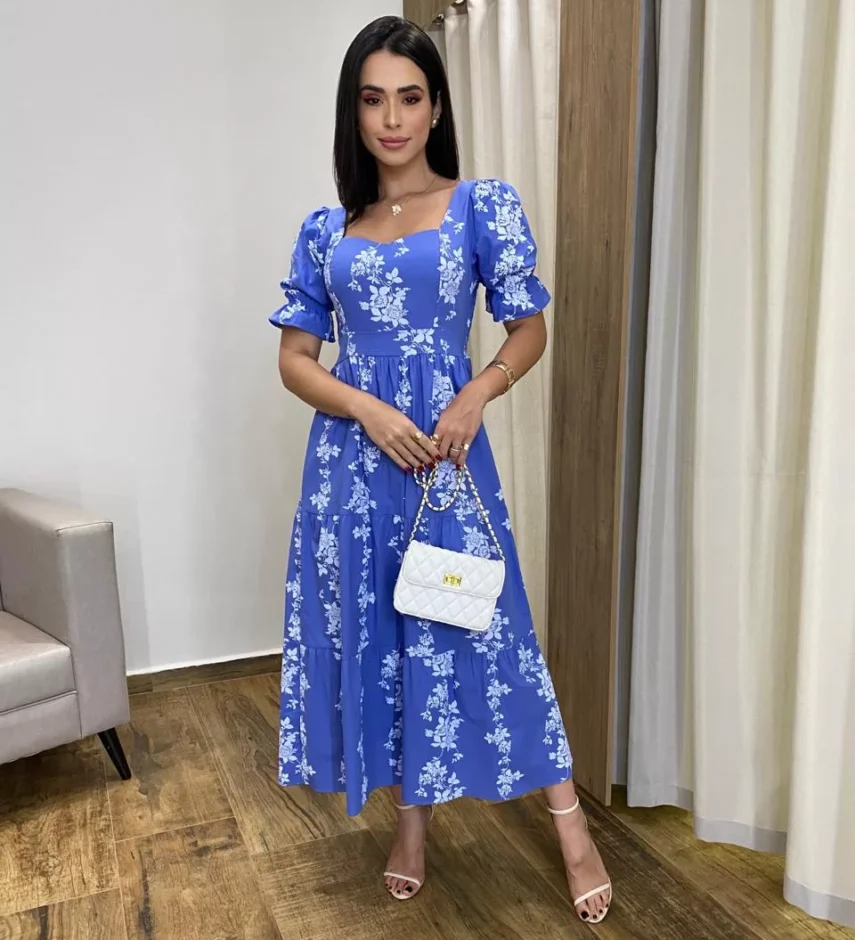 Vestido Midi sem Bojo Manga Princesa Azul Estampado - Fernanda Ramos Store