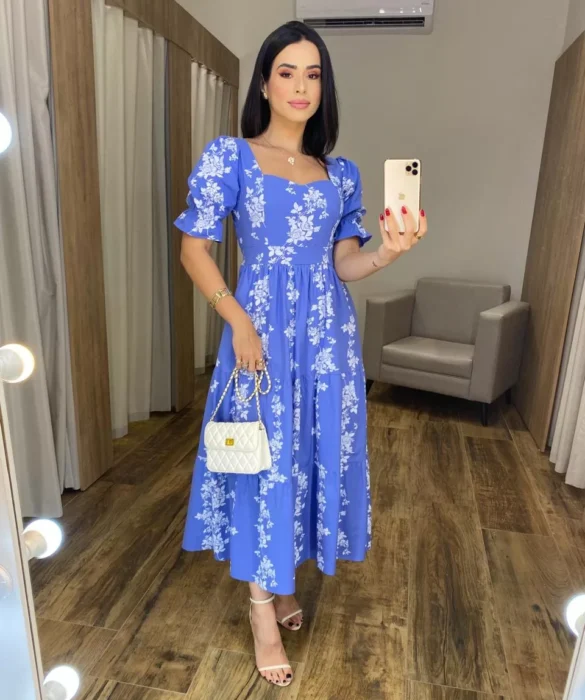 Vestido Midi sem Bojo Manga Princesa Azul Estampado - Fernanda Ramos Store