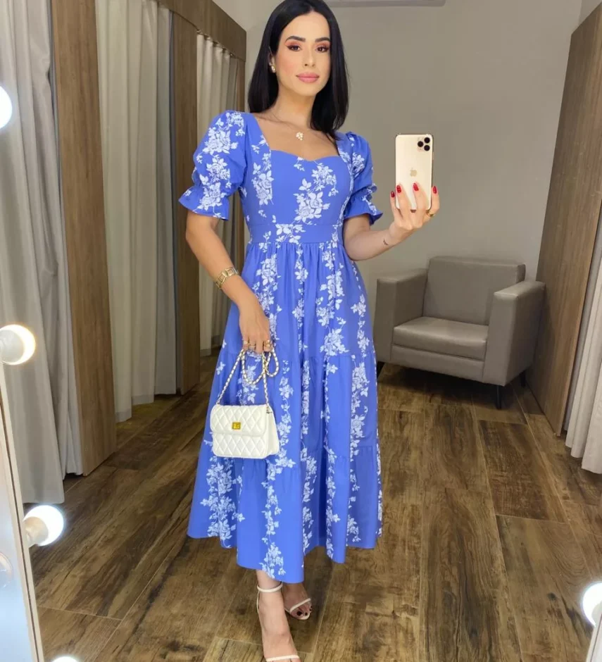 Vestido Midi sem Bojo Manga Princesa Azul Estampado - Fernanda Ramos Store