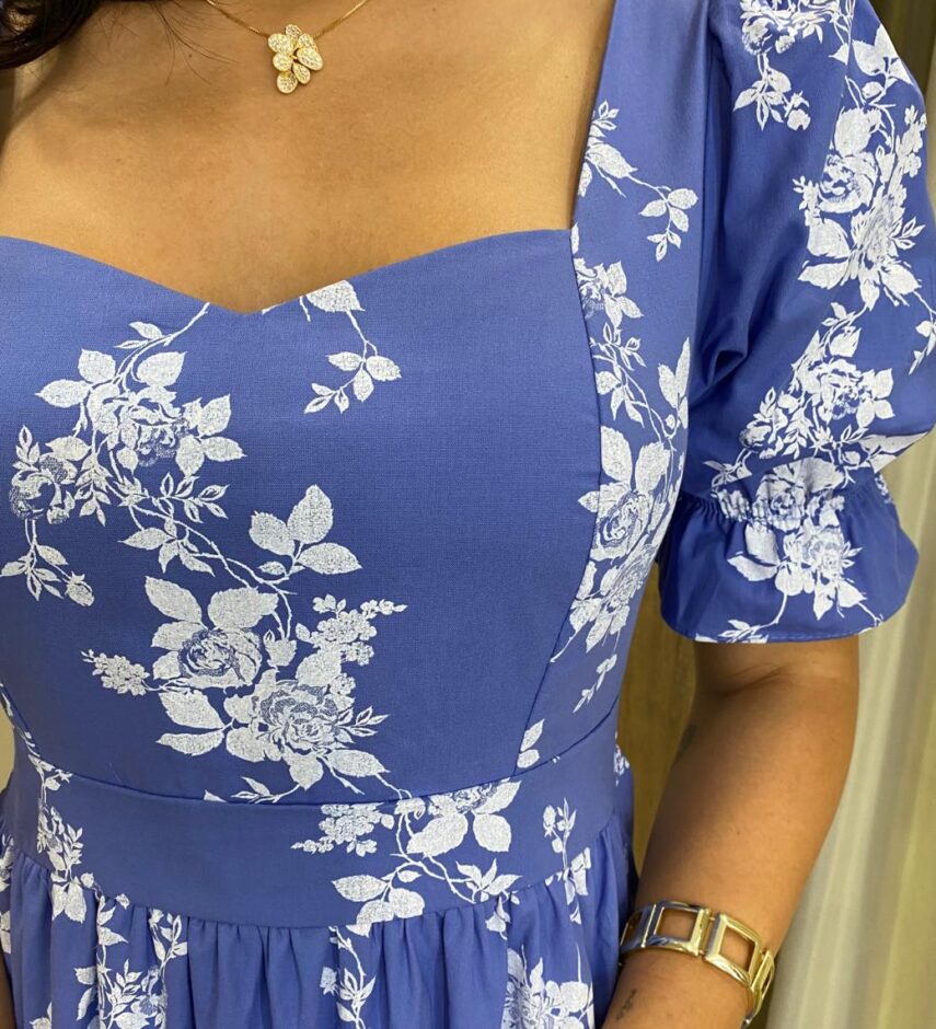 Vestido Midi sem Bojo Manga Princesa Azul Estampado - Fernanda Ramos Store