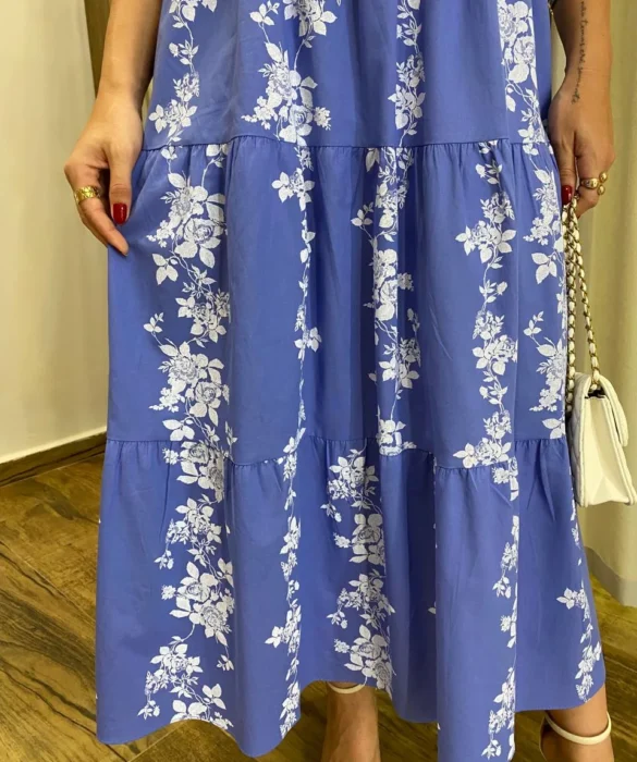 Vestido Midi sem Bojo Manga Princesa Azul Estampado - Fernanda Ramos Store