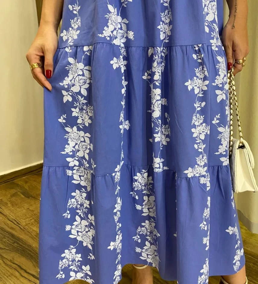 Vestido Midi sem Bojo Manga Princesa Azul Estampado - Fernanda Ramos Store