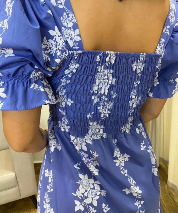 Vestido Midi sem Bojo Manga Princesa Azul Estampado - Fernanda Ramos Store