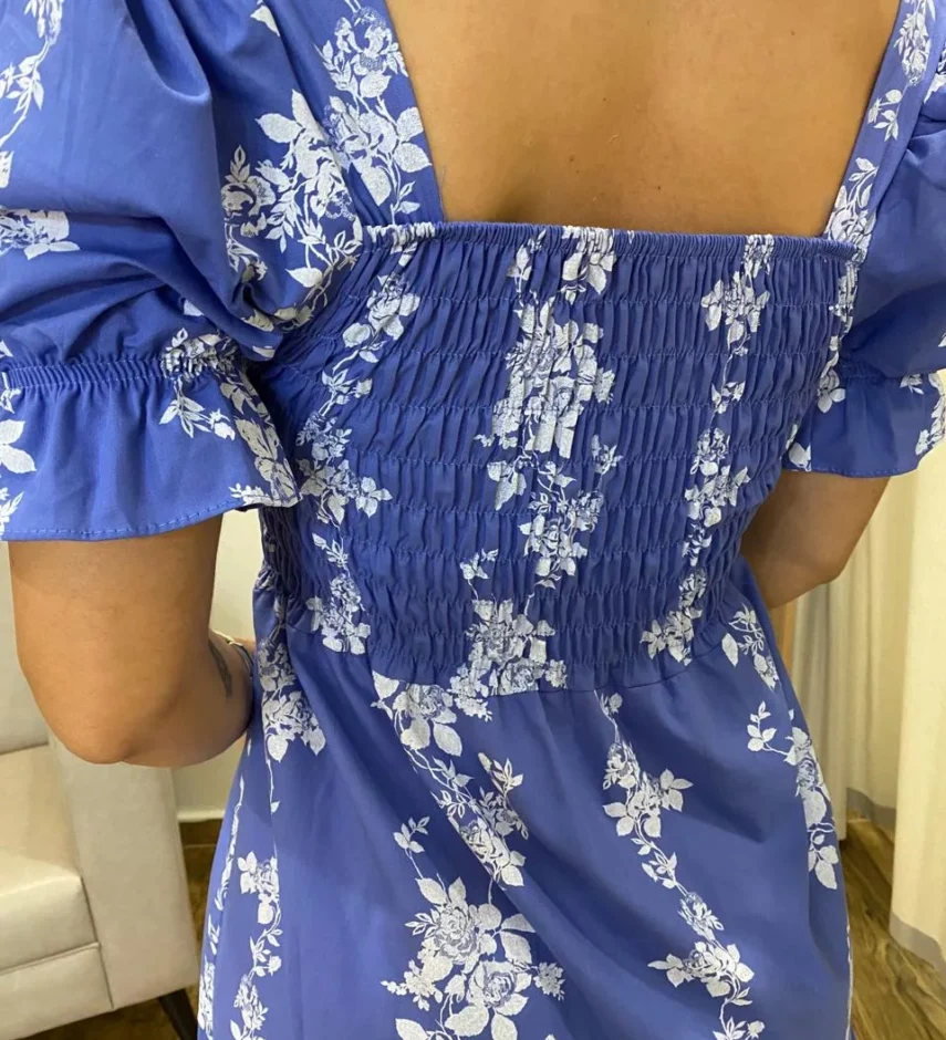 Vestido Midi sem Bojo Manga Princesa Azul Estampado - Fernanda Ramos Store
