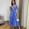 Vestido Midi sem Bojo Manga Princesa Azul Estampado - Fernanda Ramos Store