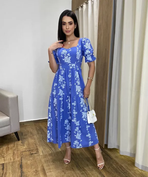 Vestido Midi sem Bojo Manga Princesa Azul Estampado - Fernanda Ramos Store