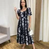 Vestido Midi sem Bojo Manga Princesa Preto Estampado - Fernanda Ramos Store