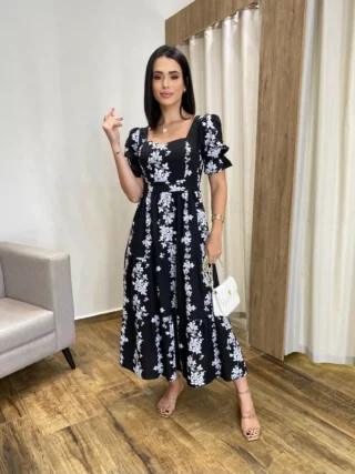 Vestido Midi sem Bojo Manga Princesa Preto Estampado - Fernanda Ramos Store