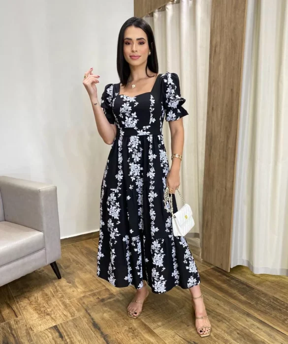 Vestido Midi sem Bojo Manga Princesa Preto Estampado - Fernanda Ramos Store