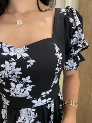 Vestido Midi sem Bojo Manga Princesa Preto Estampado - Fernanda Ramos Store