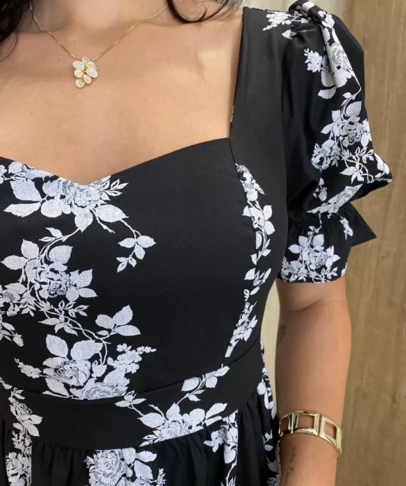 Vestido Midi sem Bojo Manga Princesa Preto Estampado - Fernanda Ramos Store