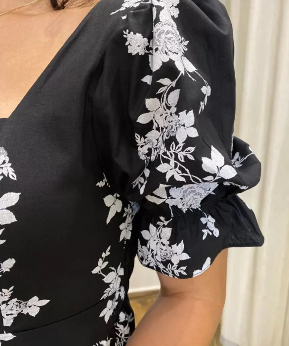 Vestido Midi sem Bojo Manga Princesa Preto Estampado - Fernanda Ramos Store