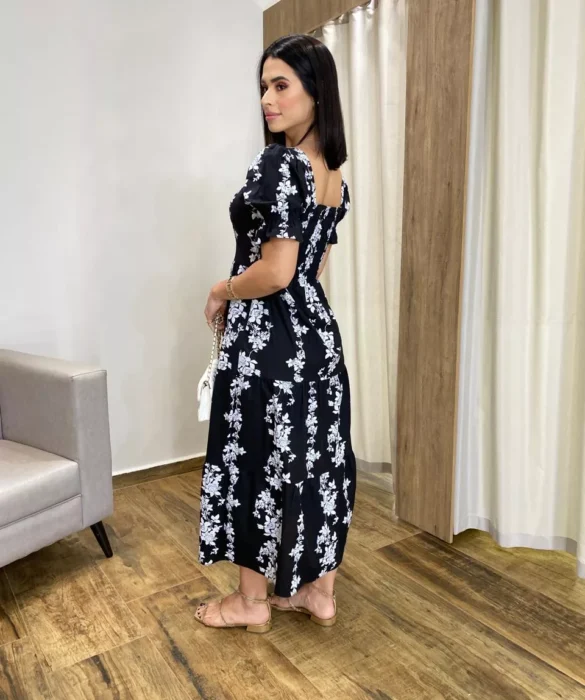 Vestido Midi sem Bojo Manga Princesa Preto Estampado - Fernanda Ramos Store