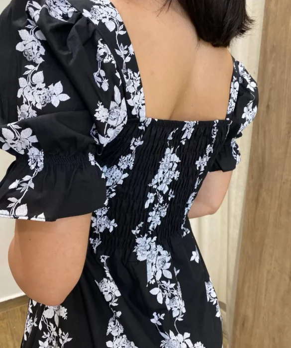 Vestido Midi sem Bojo Manga Princesa Preto Estampado - Fernanda Ramos Store