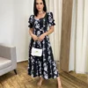 Vestido Midi sem Bojo Manga Princesa Preto Estampado - Fernanda Ramos Store