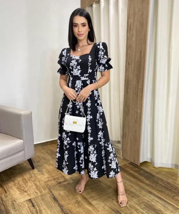 Vestido Midi sem Bojo Manga Princesa Preto Estampado - Fernanda Ramos Store