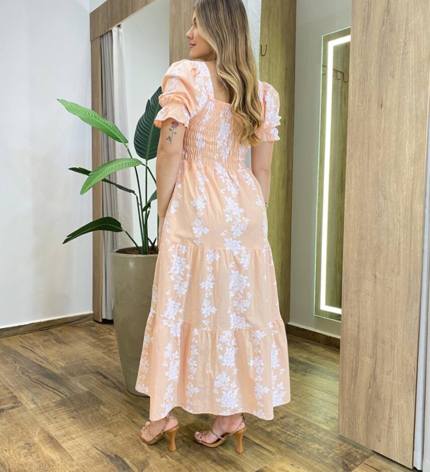 Vestido Midi sem Bojo Manga Princesa Salmão Estampado - Fernanda Ramos Store