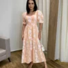 Vestido Midi sem Bojo Manga Princesa Salmão Estampado - Fernanda Ramos Store