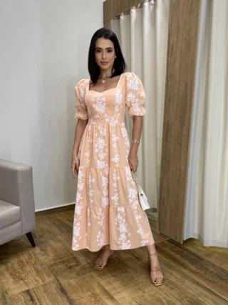 Vestido Midi sem Bojo Manga Princesa Salmão Estampado - Fernanda Ramos Store