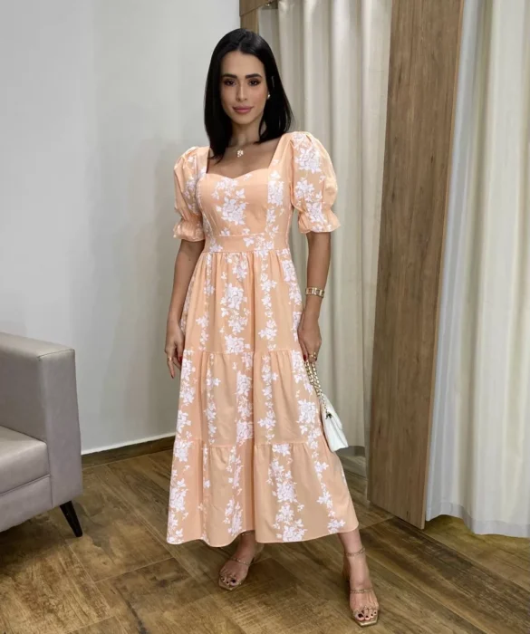 Vestido Midi sem Bojo Manga Princesa Salmão Estampado - Fernanda Ramos Store