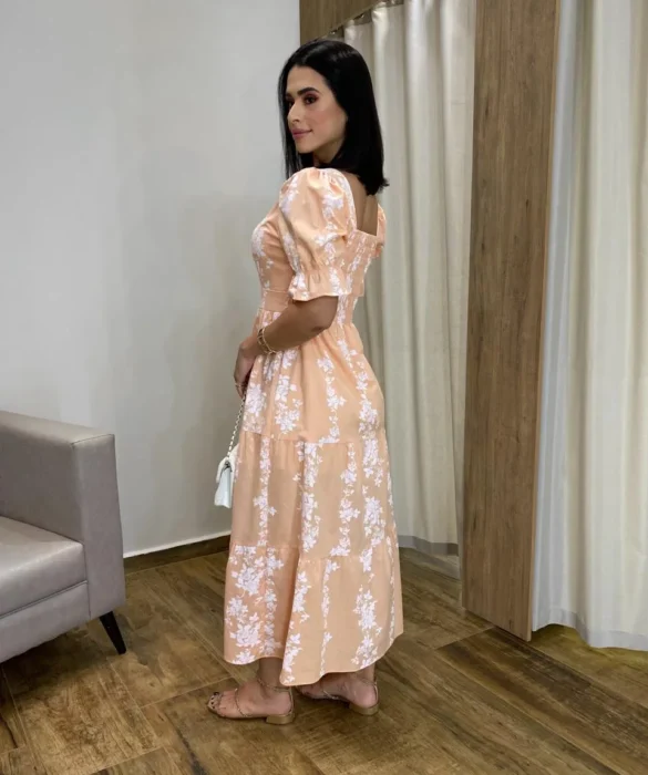 Vestido Midi sem Bojo Manga Princesa Salmão Estampado - Fernanda Ramos Store