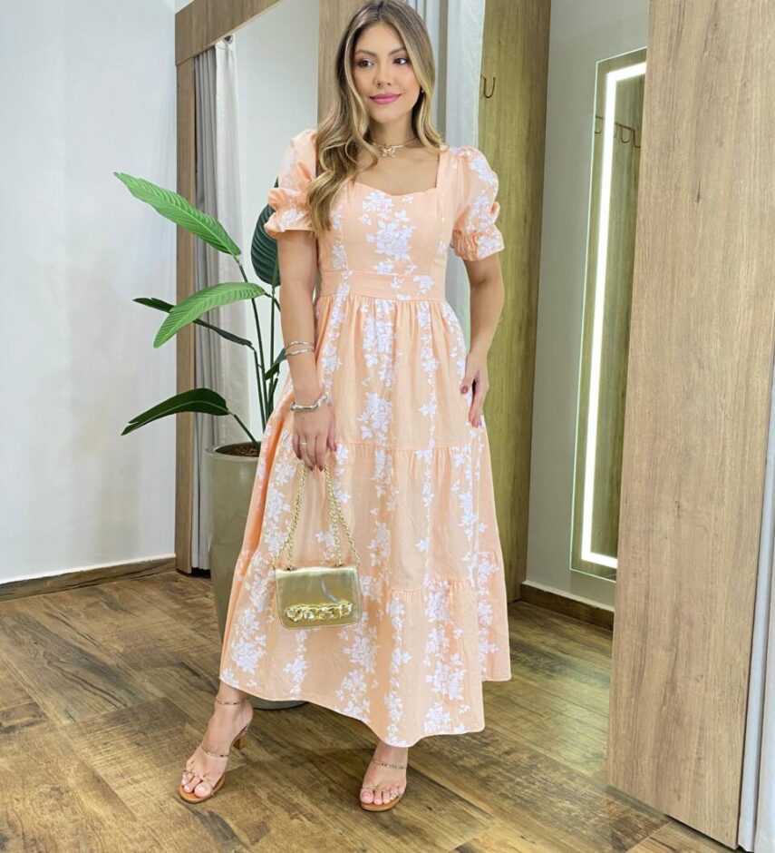 Vestido Midi sem Bojo Manga Princesa Salmão Estampado - Fernanda Ramos Store
